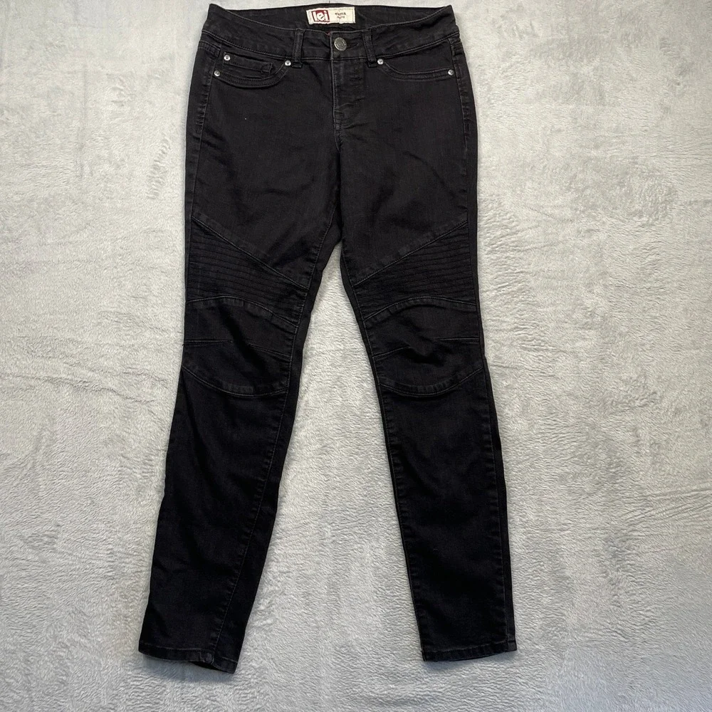 L.E.I. Emma Moto Jeggings Women Size 9 Black Ribbed Knee Slim Fit Stretch Pants